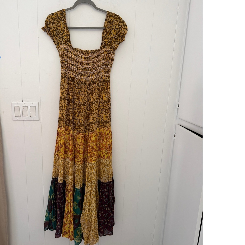 Free People Patchwork Floral Smocked Tiered Maxi Dress XS Brown Yellow Green